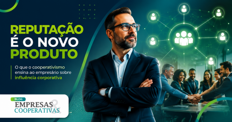 Empresário em posição de liderança com fundo de rede colaborativa — reputação corporativa e cooperativismo